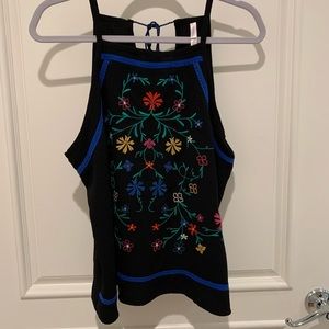 Black embroidered halter top
